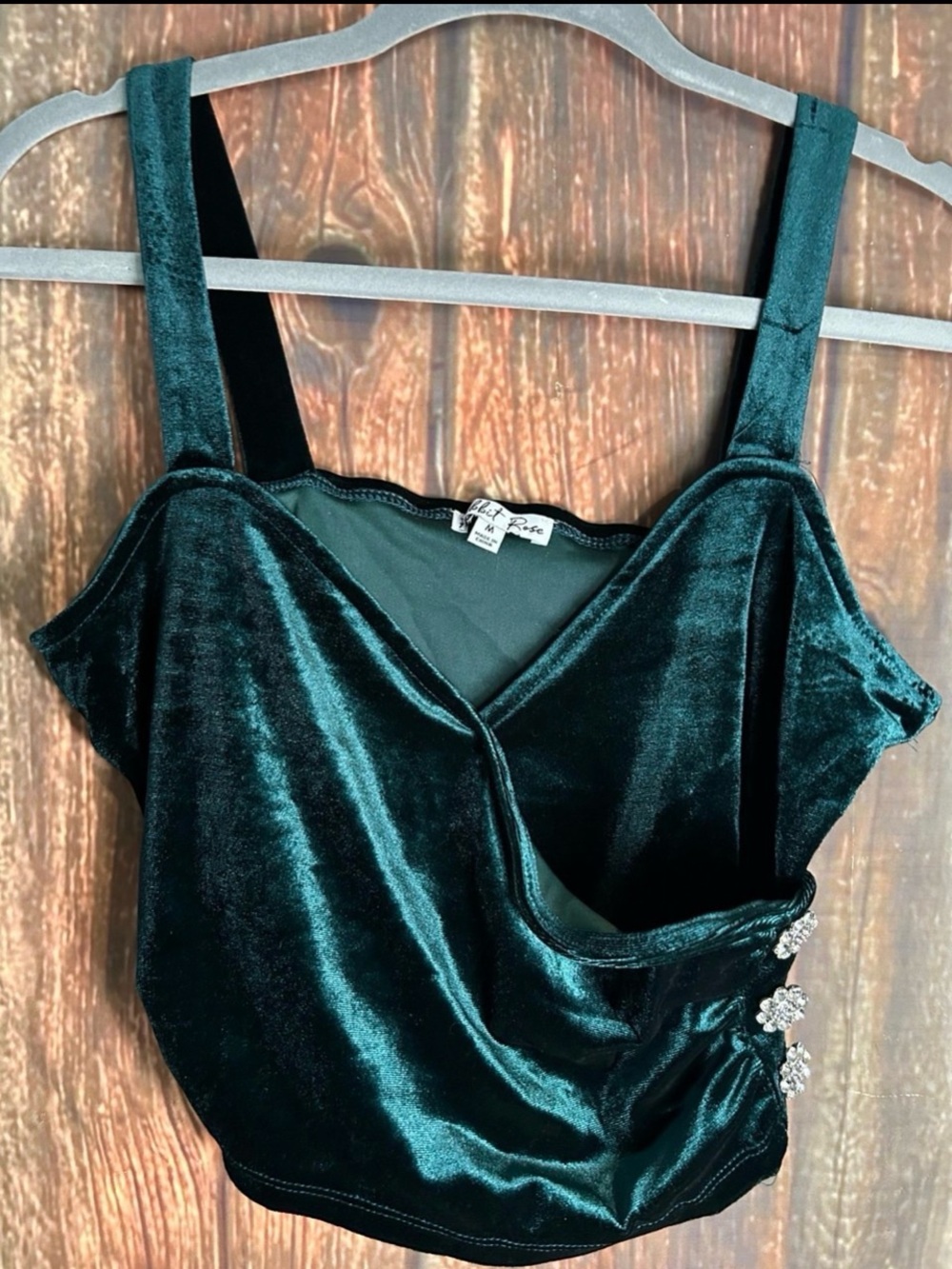 Rabbit Rose Dark Green Velvet Wrap Crop Top With Side Bling - Size M